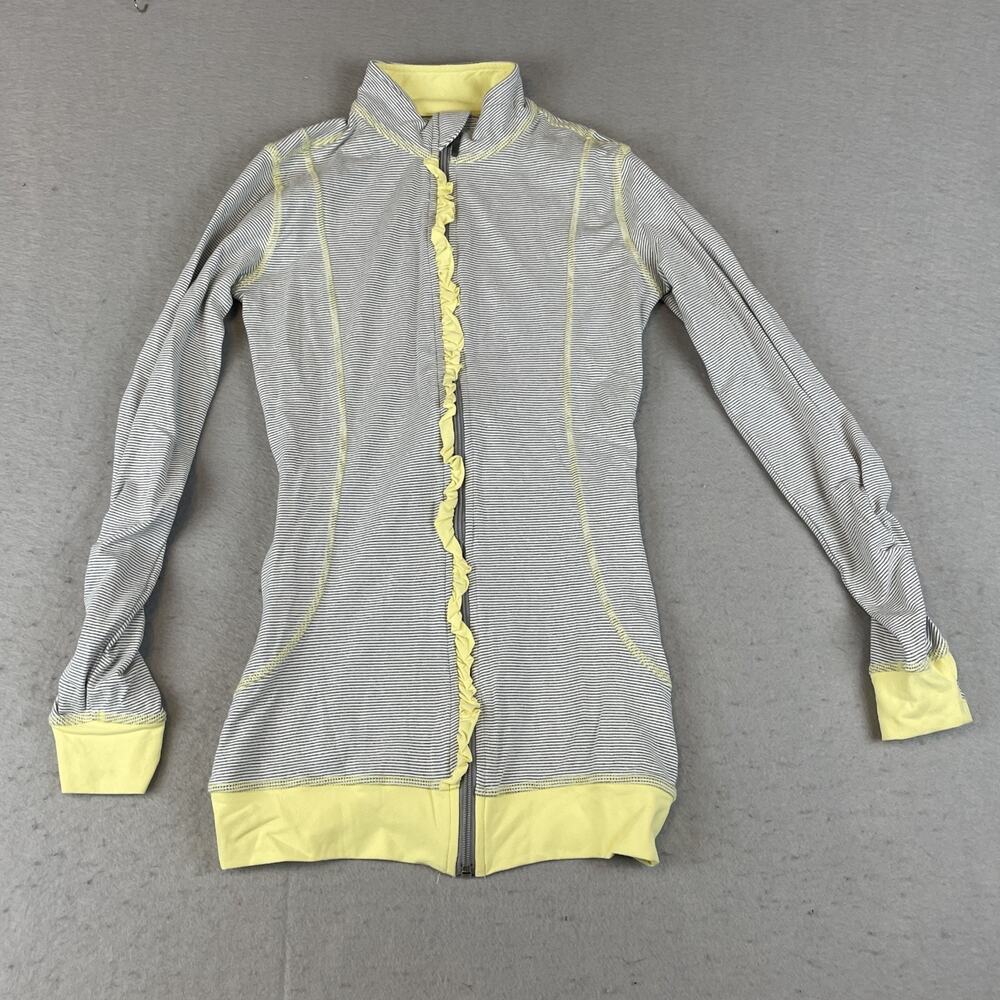 Albion Fit Womens Sz XS Gray Striped Jacket Yellow Ruffle Long Sleeve
